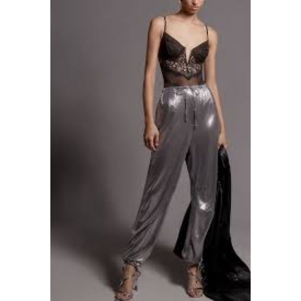 By Anthropologie Liquid Shine Parachute Pants size xsmall silver metallic